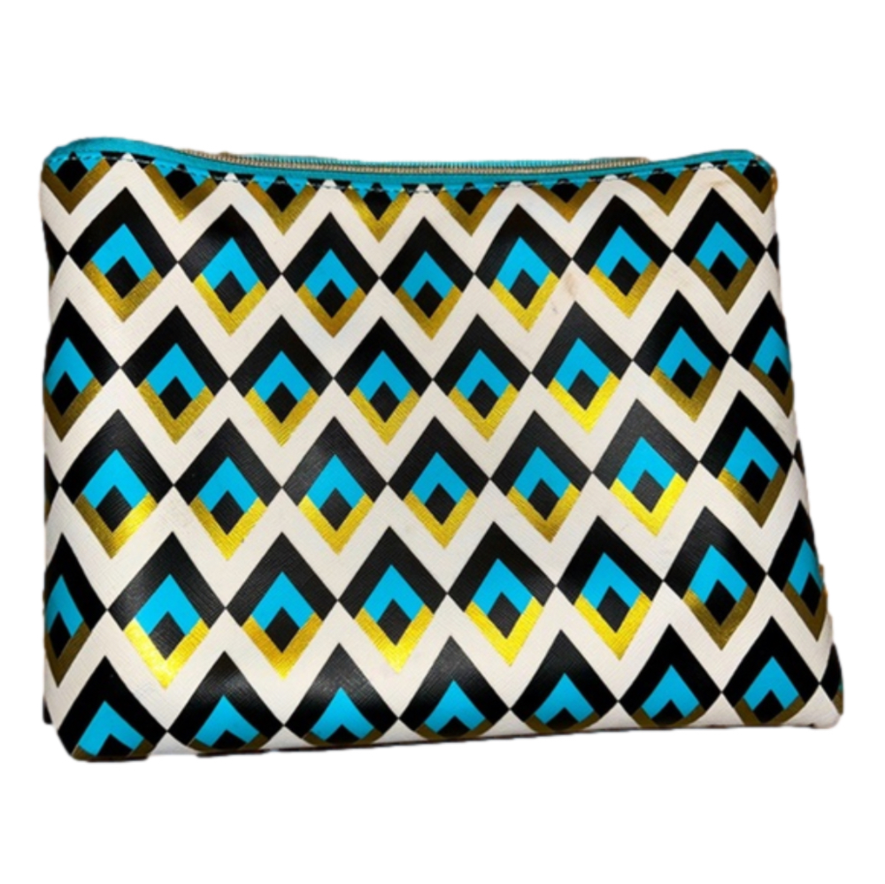 Dabney Lee Cosmetic Bag Gold Hardware Aztec Print Chevron Blue White